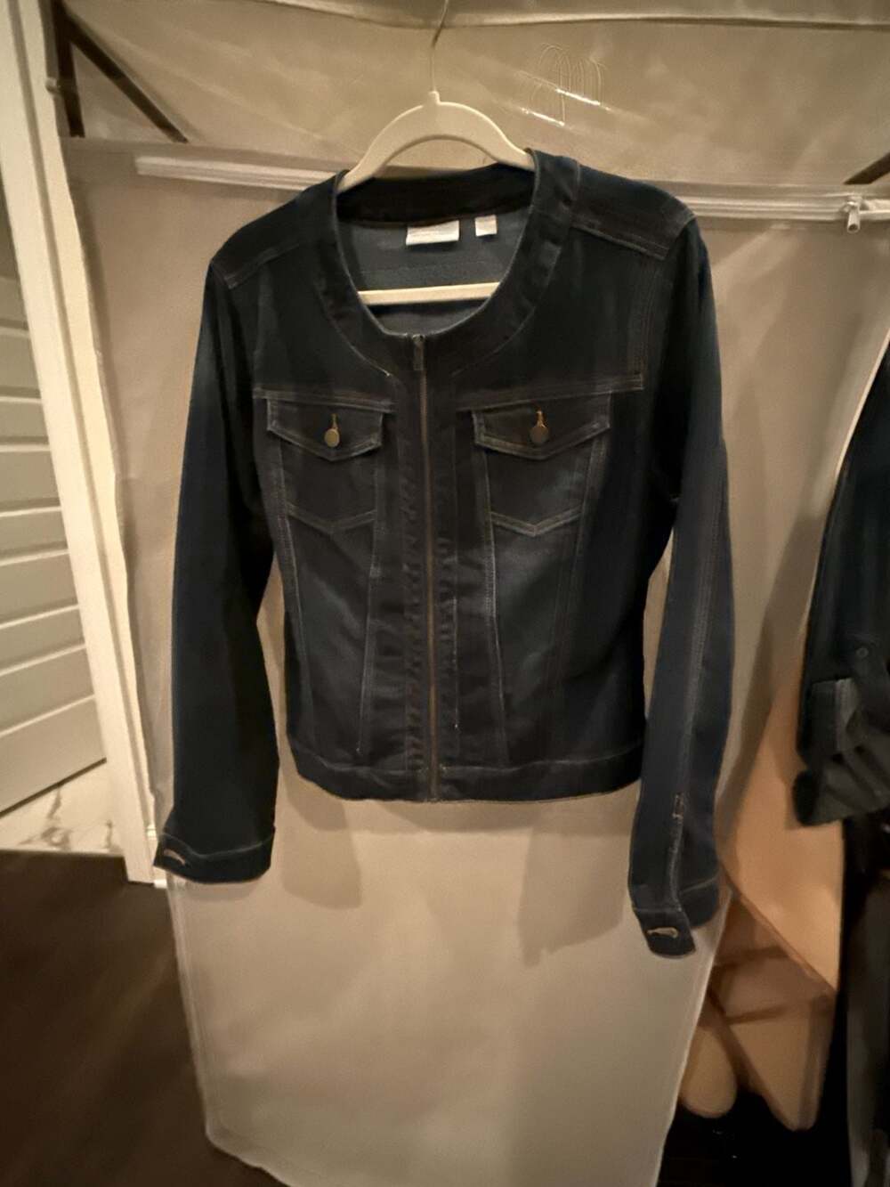 New York & Company Women's Collarless Full Zip Dark Wash Denim Jacket Size L